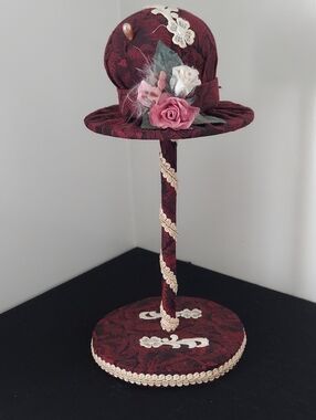 Burgundy Floral Fabric Pin Holder on Stand with Pink Rose Accent